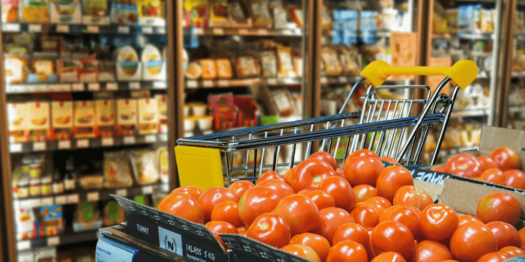 Продуктовий супермаркет із овочами та торговим візком.