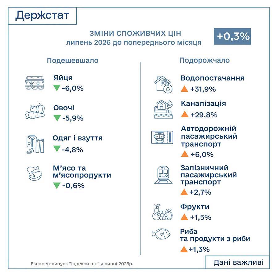 Товари та послуги подешевшали й подорожчали в Україні у липні 2026 року.