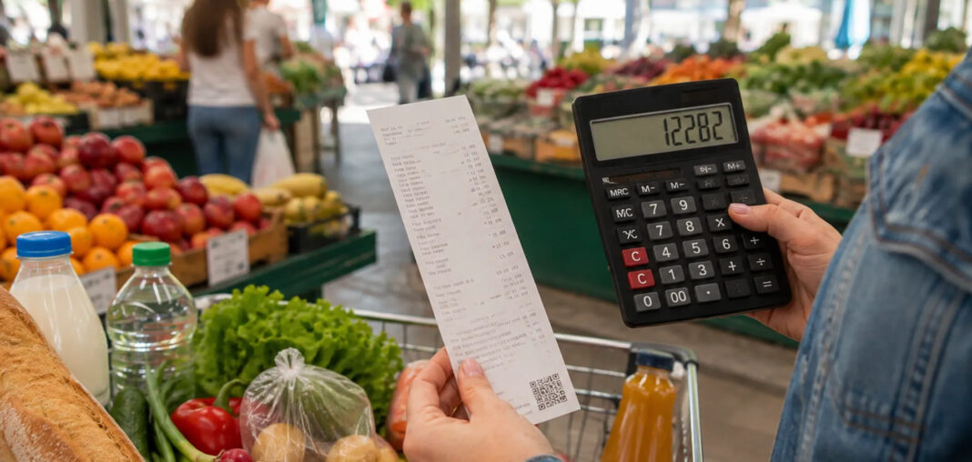 Покупець рахує витрати на продукти в магазині за допомогою калькулятора.