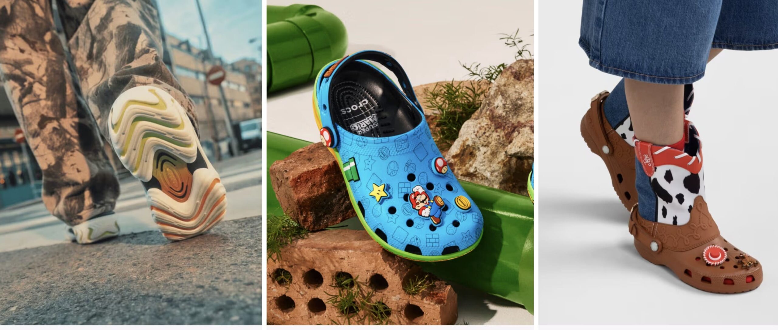 Колаж із різними моделями взуття Crocs.