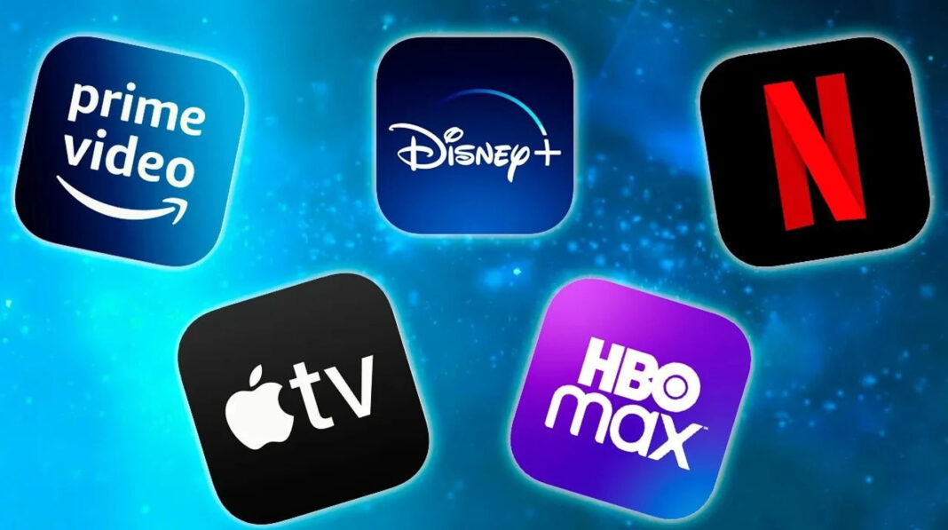 Логотипи популярних стримінгових сервісів Netflix, Disney+, Prime Video, Apple TV та HBO Max.